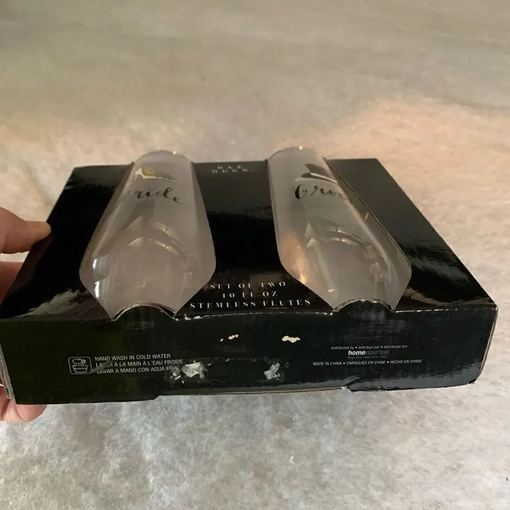 Rae Dunn Bride & Groom Set of Two 10oz Stemless Flute Glasses *New*